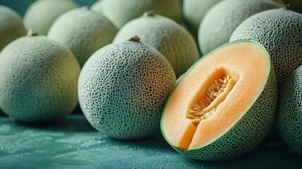 Poster - A pile of fresh melons and one fruit cut open to reveal the fruit  group : Generative AI
