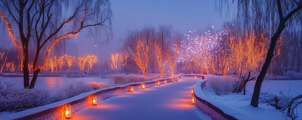 A serene view of Zhaolin Park during winter, with trees covered in frost and ice lanterns illuminating the paths