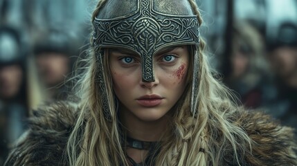 Blond viking woman with helmet and the god Thor.