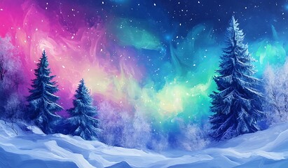 Wall Mural - painting of a colorful aurora bore with trees in the snow