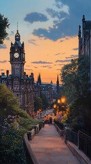 Canvas Print - painting of a city street with a clock tower in the distance