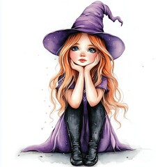 A young witch with long hair sits thoughtfully in a purple dress and hat during autumn