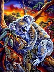 Canvas Print - painting of a koala sleeping in a tree with a sunset in the background