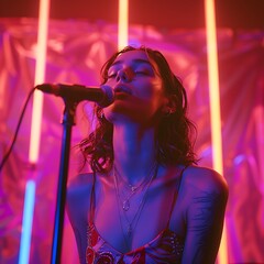 Sticker - araffe woman in a red and white dress singing into a microphone