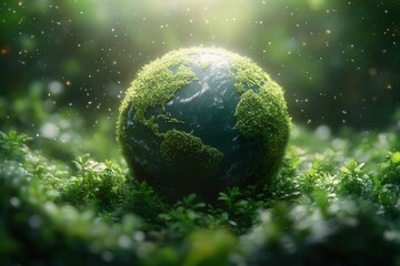 Wall Mural - miniature green planet floating in cosmic void lush forests tiny oceans microscopic details environm
