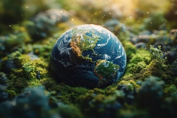 Wall Mural - miniature green planet floating in cosmic void lush forests tiny oceans microscopic details environm