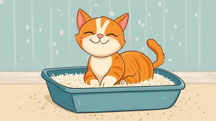 Wall Mural - cartoon cat sitting in a litter box with rice in it