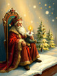 © Cedric - Weihnachtlicher Santa Claus auf einem Thron mit Kerze und Tannenbäumen