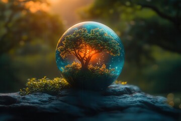 Wall Mural - miniature verdant planet floating in cosmic void lush forests and azure oceans teem with life ethere
