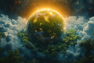 Wall Mural - miniature verdant planet floating in cosmic void lush forests and azure oceans teem with life ethere