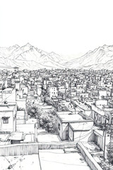 Kabul, Afghanistan, black and white pen pencil hand-drawn effect portrait drawing illustration for travel poster, card, wallpaper, backdrop or banner. Modern, clear, artistic and simple