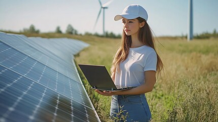 Fototapete - Woman farmer wearing white cap and tshirt with laptop stands next to solar panel Wind turbines in the background : Generative AI