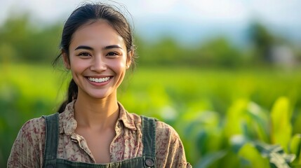 Environment farming and portrait of woman with smile for agriculture growth and production in nature Happy farmer face and pride at countryside for eco friendly with agro sustainable b : Generative AI