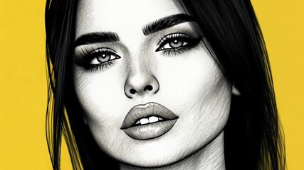 Poster - Woman With Striking Features on a Bright Yellow Background Generative AI