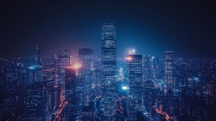 Wall Mural - Nighttime view of a technologically advanced city with sleek, illuminated skyscrapers. Premium background for the latest technology needs.