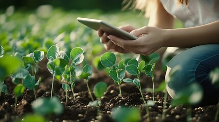 Fototapete - Smart farming soybean technology Female farmer with digital tablet examines and checkins roots of soya plants in field Agronomist controls the growth and development of sprouts before  : Generative AI