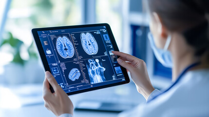 Doctor in a mask reviews detailed brain imaging and X-rays on a tablet, assessing the scans for potential health issues in a clinical environment