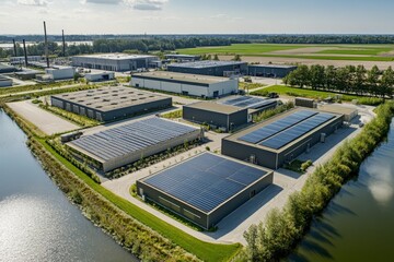 Wall Mural - modern industrial complex with solar panels promoting sustainable energy and eco friendly operations
