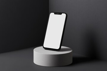 Black Smartphone On Stone Pedestal, White Screen, Dark Grey Background