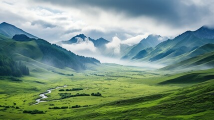 Wall Mural - A winding river flows through a lush green valley surrounded by majestic mountains.