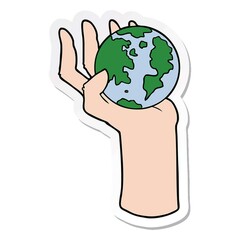 Wall Mural - sticker of a cartoon hand holding whole earth