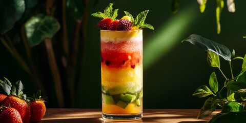 Wall Mural - Layered fruit smoothie with mint garnish.