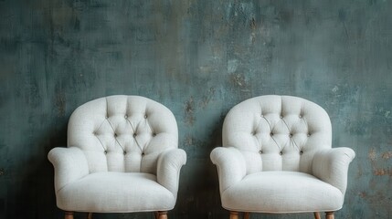 Two white tufted armchairs lie against a distressed, moody wall creating a juxtaposition of pristine comfort and layered, historical context within a sophisticated setting.