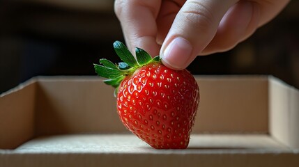 Poster - Hand picking up one strawberry out of cardboard flat : Generative AI