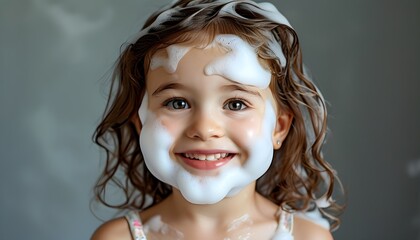 Wall Mural - Joyful childhood moments captured with a young girl delightfully smiling, her face adorned with light soap foam after a fun washing experience