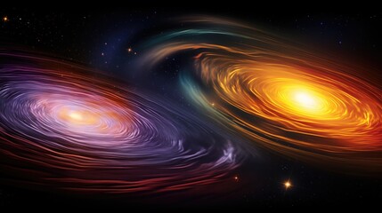 Wall Mural - A mesmerizing cosmic dance of two galaxies colliding, swirling with vibrant hues of purple, orange, and gold.