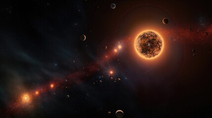 Wall Mural - A celestial tapestry of stars and planets, with a fiery red glow emanating from a distant star.