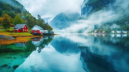 Canvas Print - Misty Fjord Landscape with Red Houses