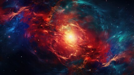 Wall Mural - A swirling nebula of vibrant reds, blues, and golds creates a captivating cosmic landscape.
