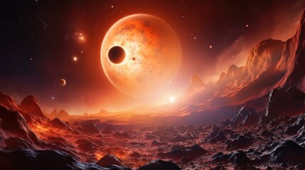 Wall Mural - A breathtaking view of a distant planet, bathed in the warm glow of a nearby star.