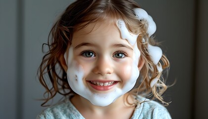 Wall Mural - Joyful childhood moments captured with a young girl delightfully smiling, her face adorned with light soap foam after a fun washing experience