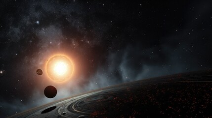 Wall Mural - A stunning view of a distant planet, with a bright star in the background. The planet's surface is covered in craters and other geological features.