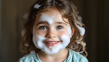 Wall Mural - Joyful childhood moments captured with a young girl delightfully smiling, her face adorned with light soap foam after a fun washing experience