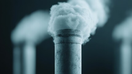 An industrial chimney emits thick white smoke into the atmosphere, symbolizing the effects of industrial activity and environmental pollution on the planet's atmosphere.