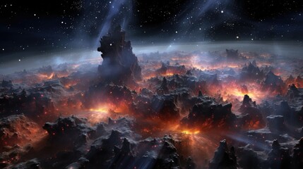Wall Mural - A fiery, alien landscape with glowing craters and jagged mountains under a starry sky.