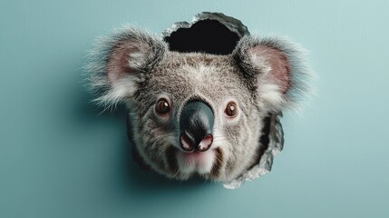 A koala with a gentle expression looks out from a jagged hole in a blue wall, its fluffy appearance and attentive gaze creating a striking and intriguing visual contrast.