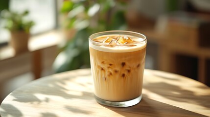 Poster - Iced latte coffee on wooden table white background Cold beverage in summer : Generative AI