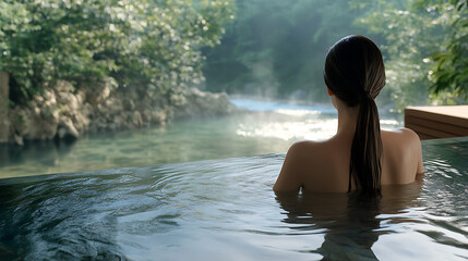 realistic back view of a woman soaking in a luxury hotel hot spring bath in front of a clear river, 