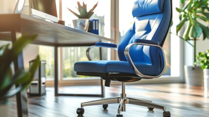Poster - A blue office chair sits in front of a desk with a computer monitor
