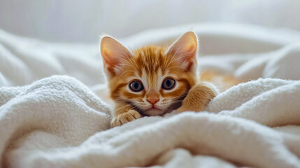 A small kitten laying on top of a white blanket.