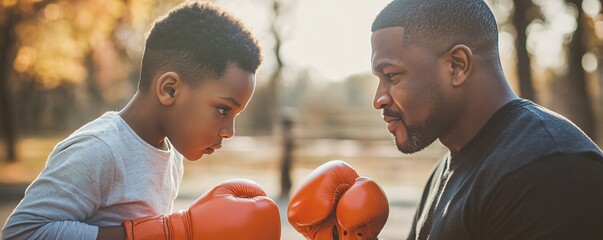 African american father and son boxing sparring together outdoors in park