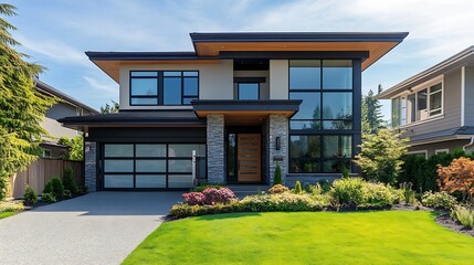 Aufkleber - Real Estate Exterior Front House on a sunny day Big modern custom made luxury house with nicely landscaped front yard in summer Beautiful house entrance with a green lawn Perfect neigh : Generative AI