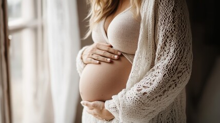 An evocative image depicting an expectant mother caressing her baby bump while wrapped in a loose-knit shawl, standing in soft natural light near a window for a serene portrait.