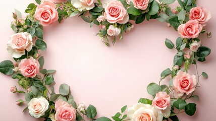 A heart-shaped wreath made of fresh blush roses and green foliage on a soft pastel background