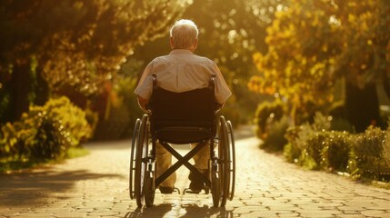 Poster - A man in a wheelchair is sitting on a sidewalk