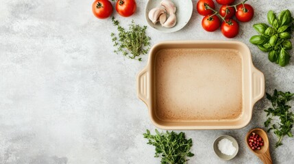 A cooking setup with fresh ingredients and an empty baking dish ready for preparation.